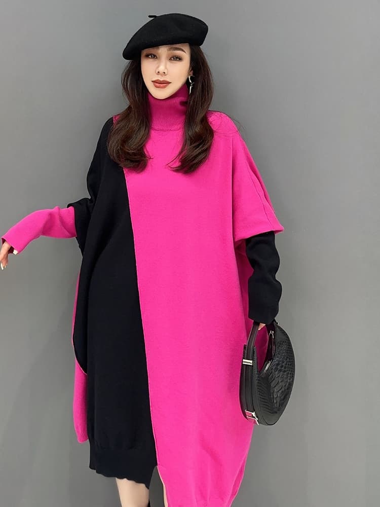 ロングワンピース タートルネック アシンメトリー配色ゆったりニットワンピース