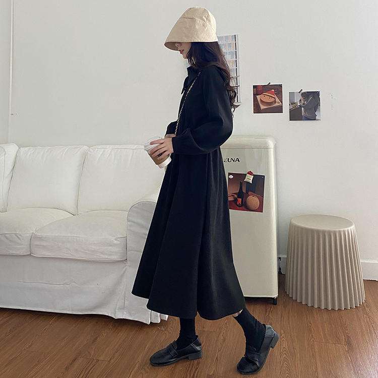 ロングワンピース シンプル襟付きギャザーワンピース