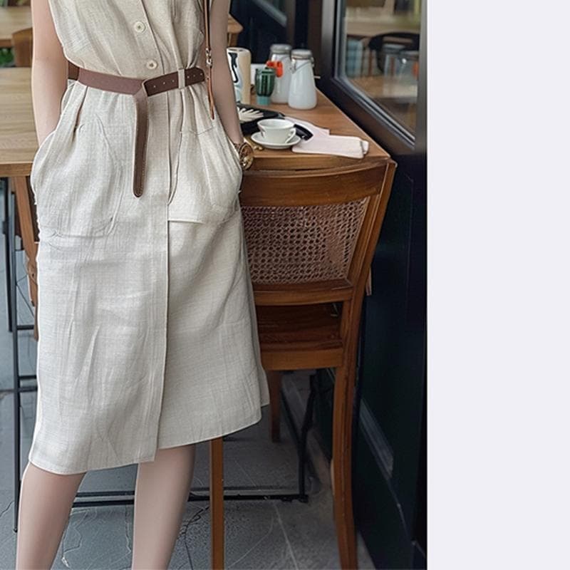 ロングワンピース シャツ 麻風ベルト付き半袖シャツワンピース