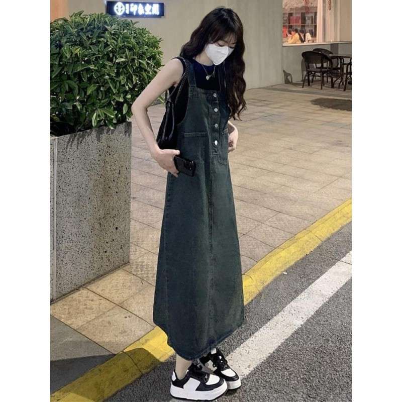 ロングワンピース ゆったりデニムサロペットワンピース