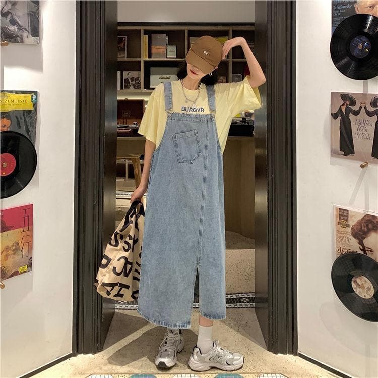 ロングワンピース オーバーオール風デニムマキシワンピース