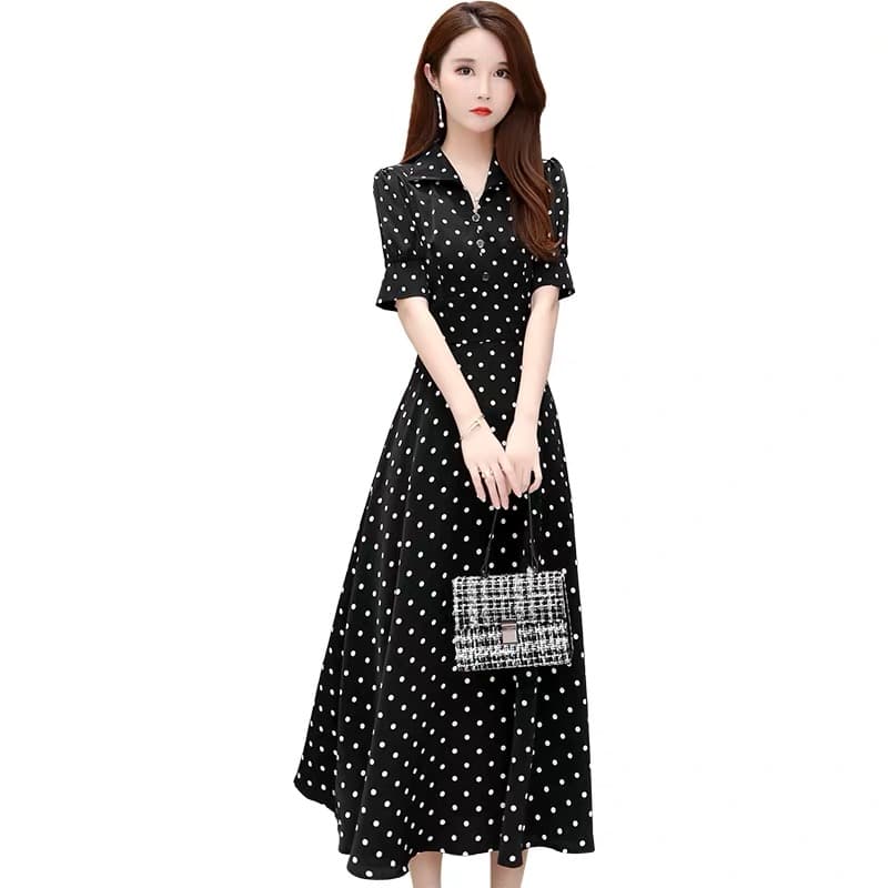 ロングワンピース シャツ 水玉模様半袖巻きシャツワンピース