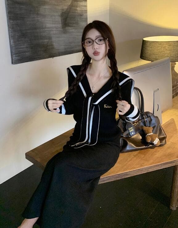 秋冬新作 セーラー風ニット ロングワンピース