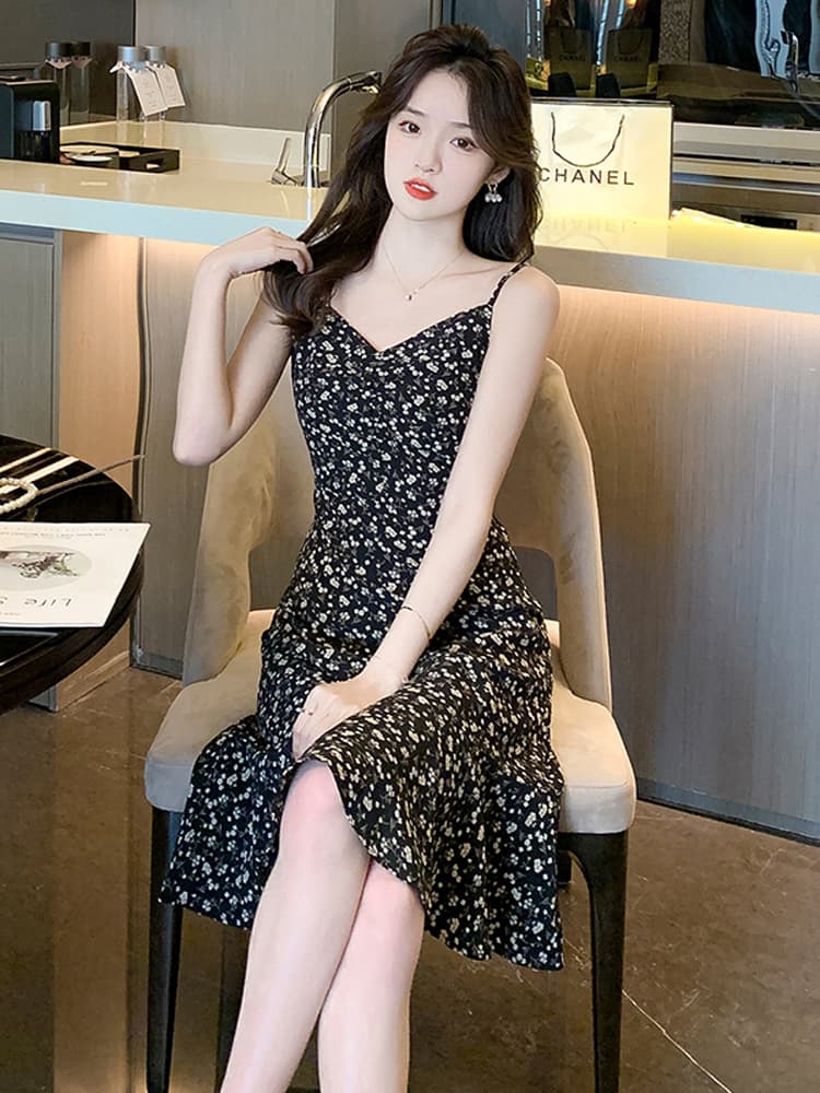 小花柄プリーツ切替キャミソールロングワンピース