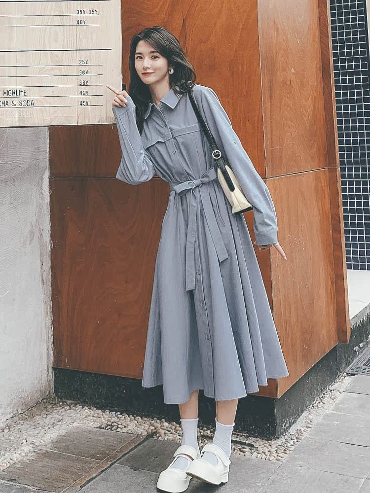 ロングワンピース シャツ ベルト付き長袖シャツ型ロングワンピース