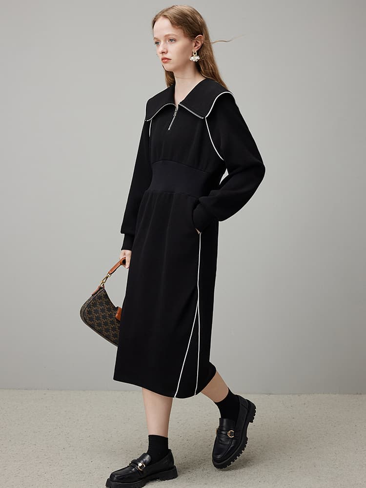 ロングワンピース スウェット ハーフジップ セーラー風ロングワンピース