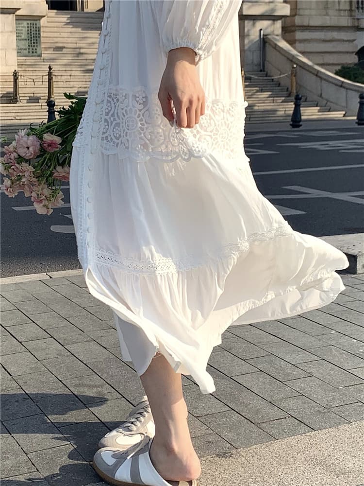 ロングワンピース 優美なレース切替フェミニンマキシワンピース