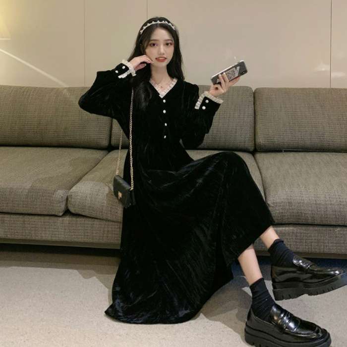 ロングワンピース 優美なベルベット素材のリボン付きワンピース
