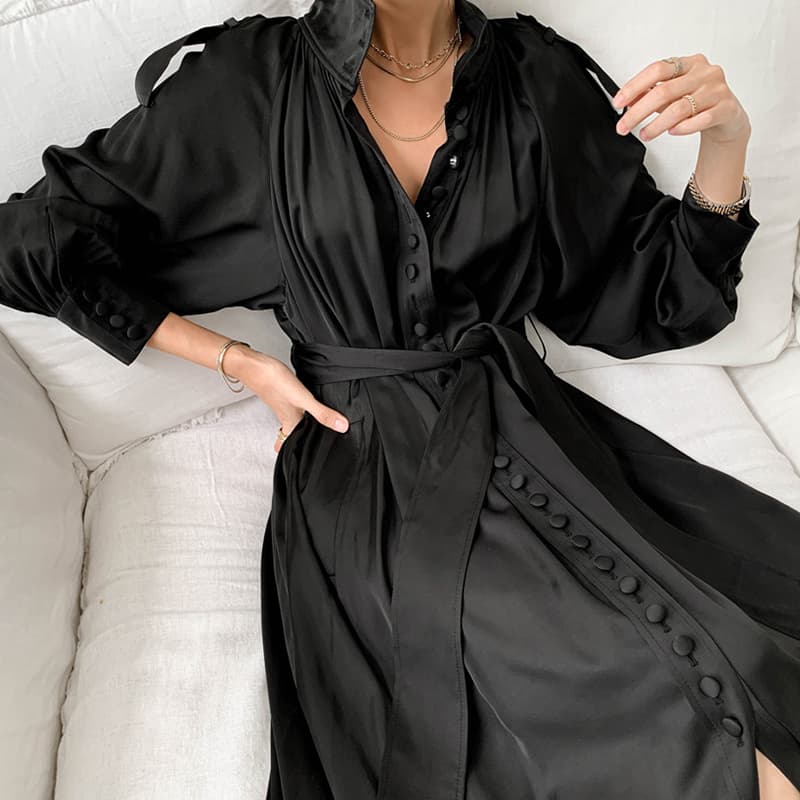 ロングワンピース 韓国風シャツワンピース光沢素材ボタン付きロング丈