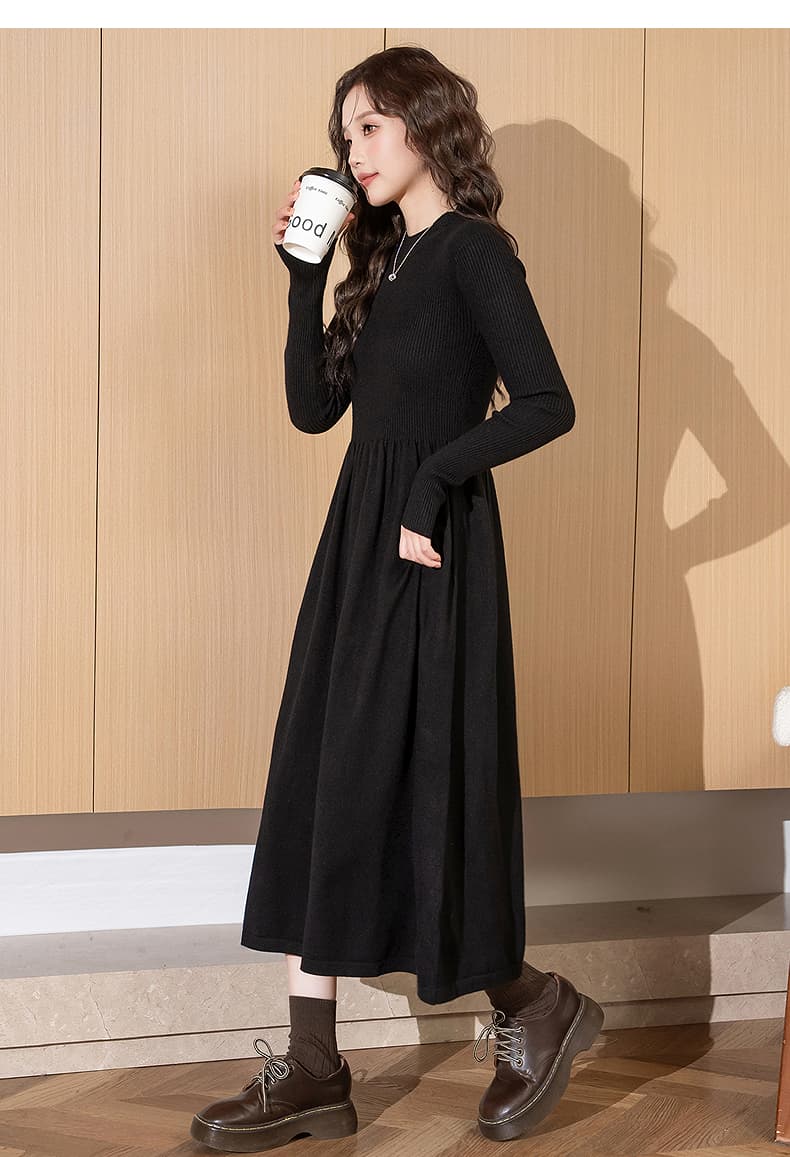 ロングワンピース 優美な上質リブ切替ニットワンピース
