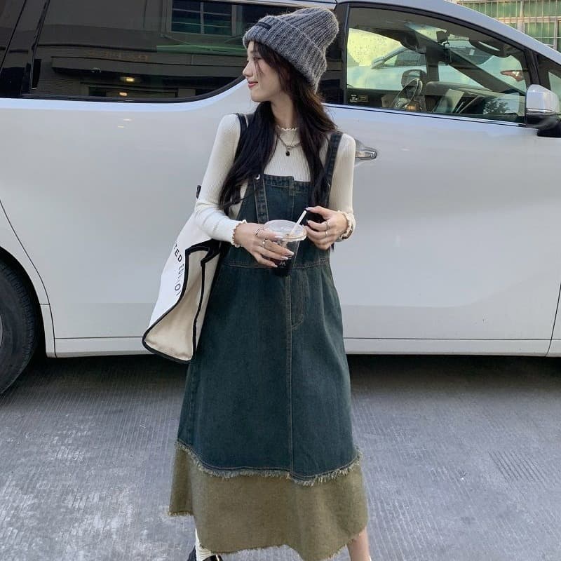 ロングワンピース 裾切替ゆったりサロペットワンピース