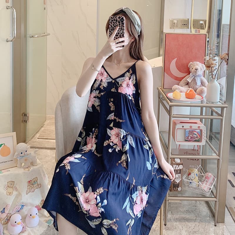 上品花柄ノースリーブロングワンピース寝間着