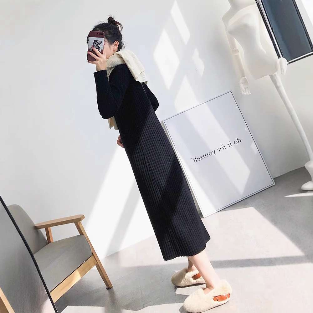 ロングワンピース リブ編みタートルネックミディアム丈ワンピース