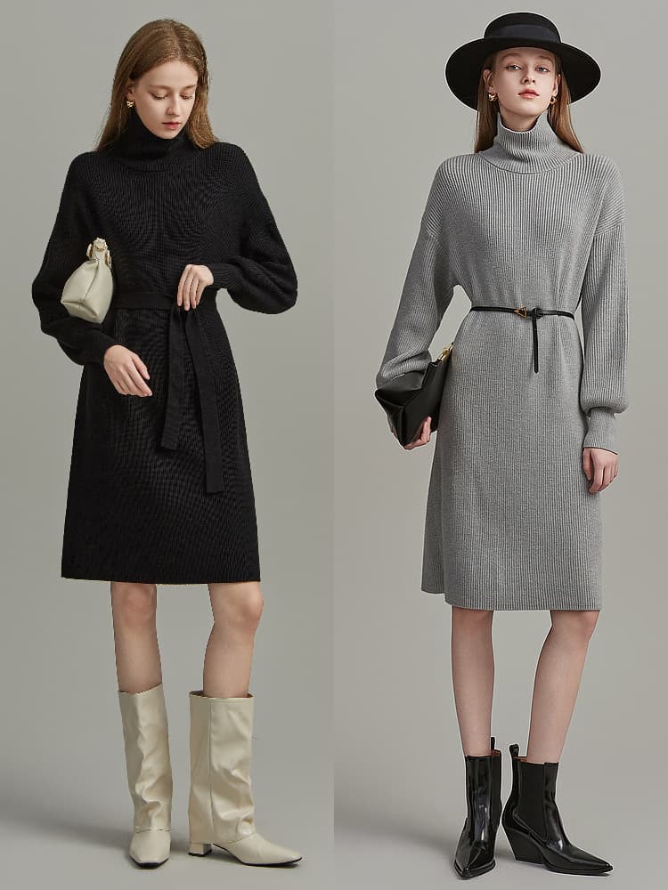 ロングワンピース タートルネック リブ編みウエストマークタートルニットワンピース