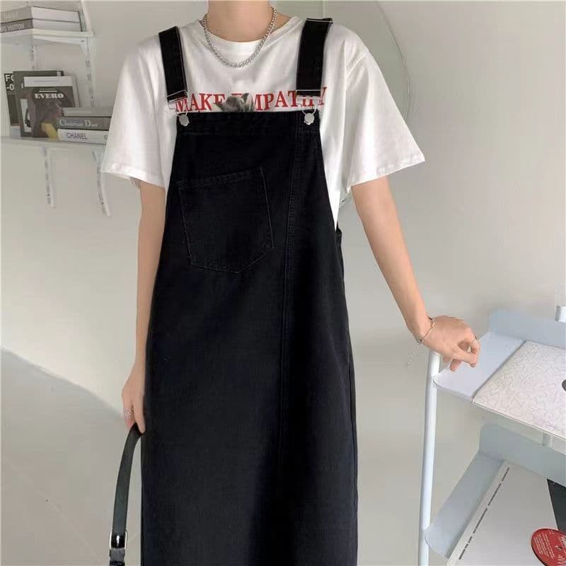 ロングワンピース ゆったりデニムサロペットワンピース