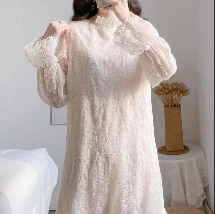 ロングワンピース 透かし編みレース フリル襟 優美ワンピース