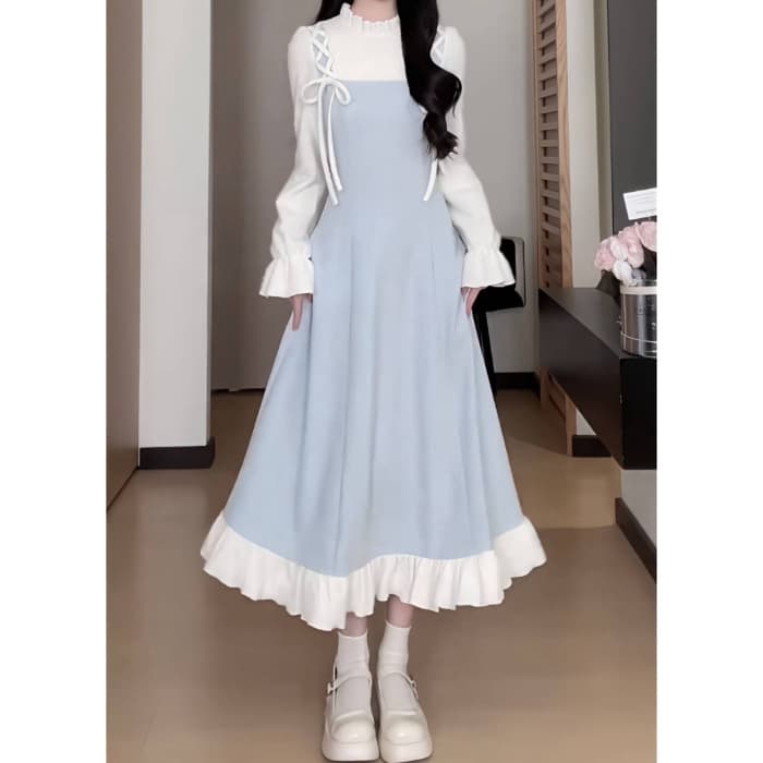 ロングワンピース 姫系リボンレース飾り付きティアードワンピース