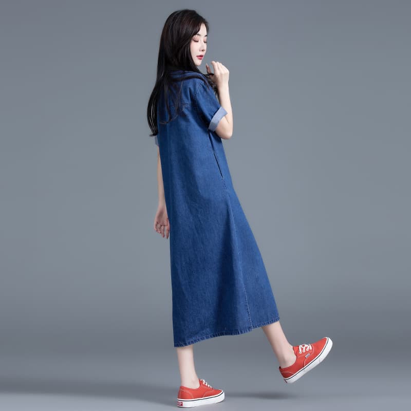 ロングワンピース デニム ゆったりシルエット 前開きデニムワンピース