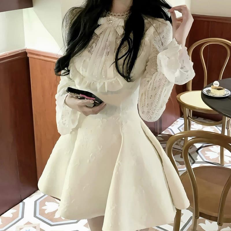 ロングワンピース 優美なレースフリルリボンワンピース