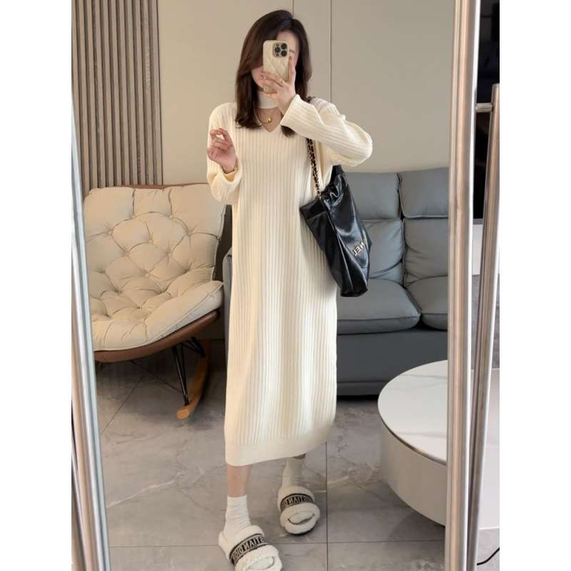 ロングワンピース シンプル美シルエットリブニットワンピース