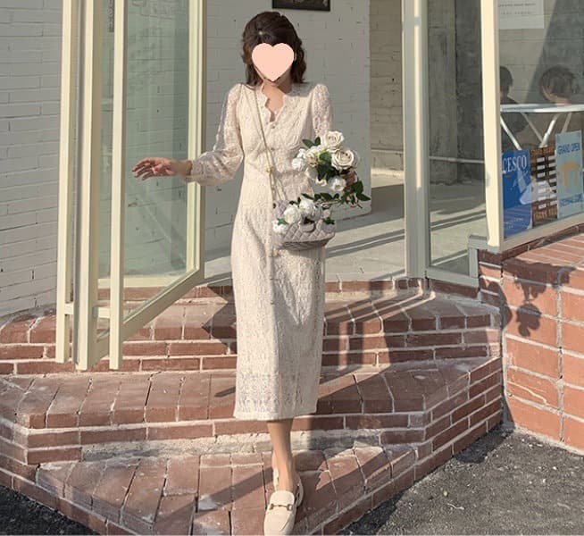 ロングワンピース 優美な花嫁風総レースワンピース