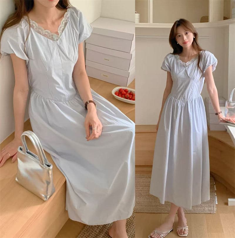 ロングワンピース 春夏新作レース襟シャツワンピース可愛いロング丈