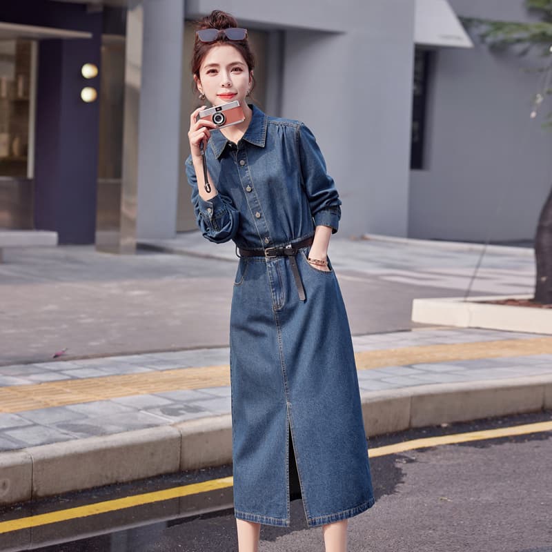ロングワンピース デニム 前開きベルト付きデニムロングワンピース