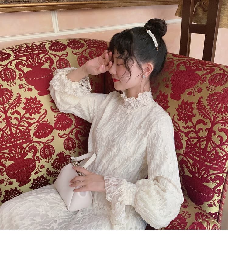 ロングワンピース レース編み花柄デザインワンピース
