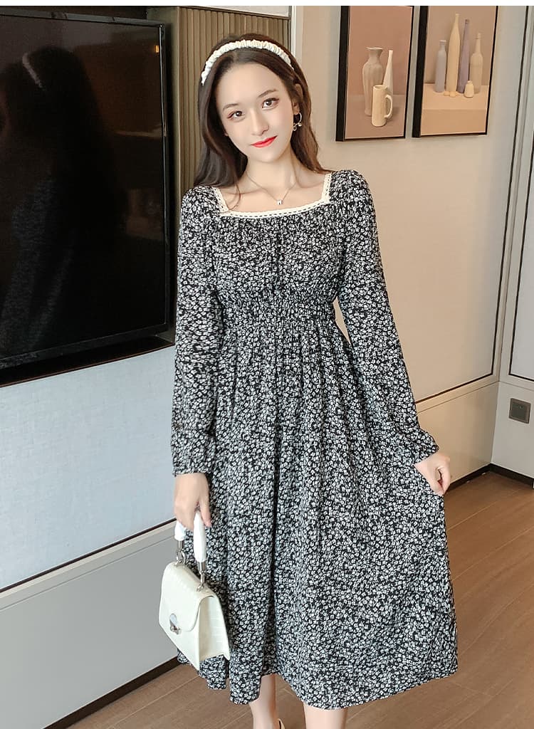 ロングワンピース レース 花柄シャーリング長袖ロングワンピース