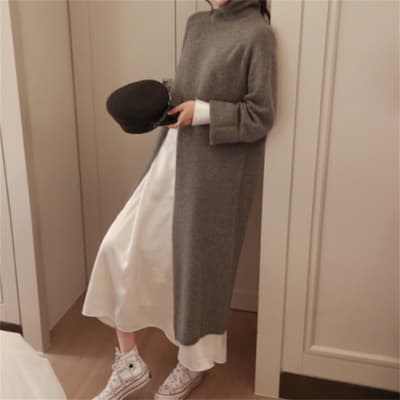 秋冬新作ニットロングワンピース タートルネック体型カバー