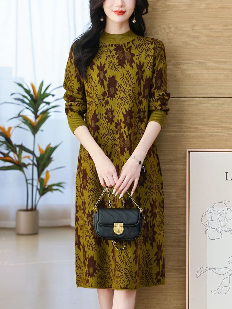 ロングワンピース ニット 花柄模様モックネックニットワンピース