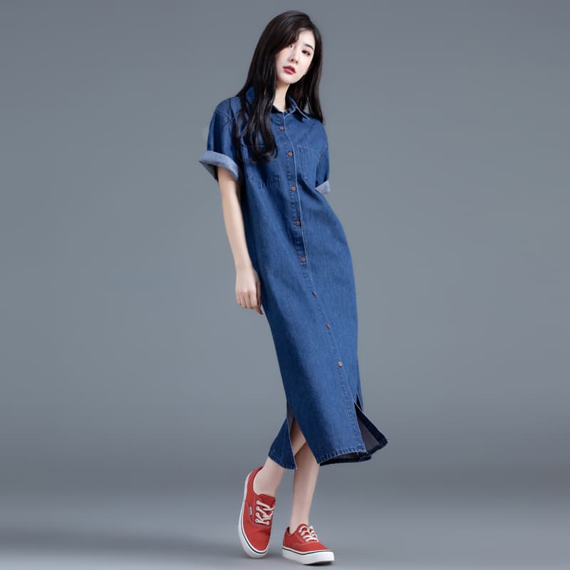 ロングワンピース デニム ゆったりシルエット 前開きデニムワンピース