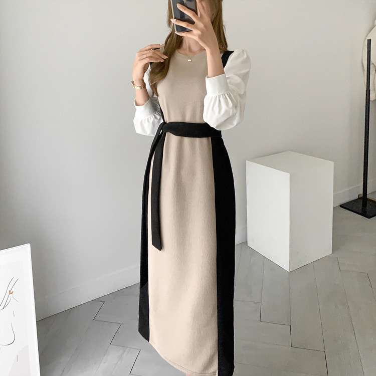 ロングワンピース 上品リボンデザイン スリーブ切替ワンピース