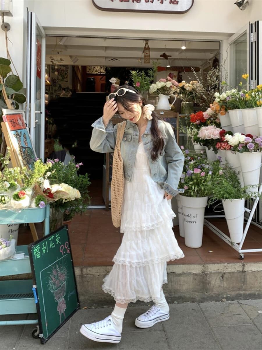 ロングワンピース レース ティアードレース重ね重ねマキシ丈ワンピース