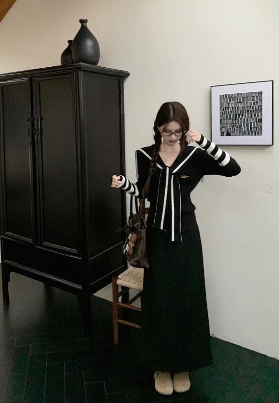 秋冬新作 セーラー風ニット ロングワンピース