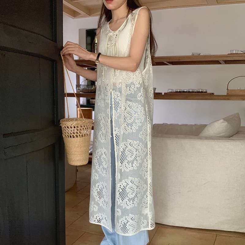 ロングワンピース 透かし編みニット ロング丈ノースリーブワンピース