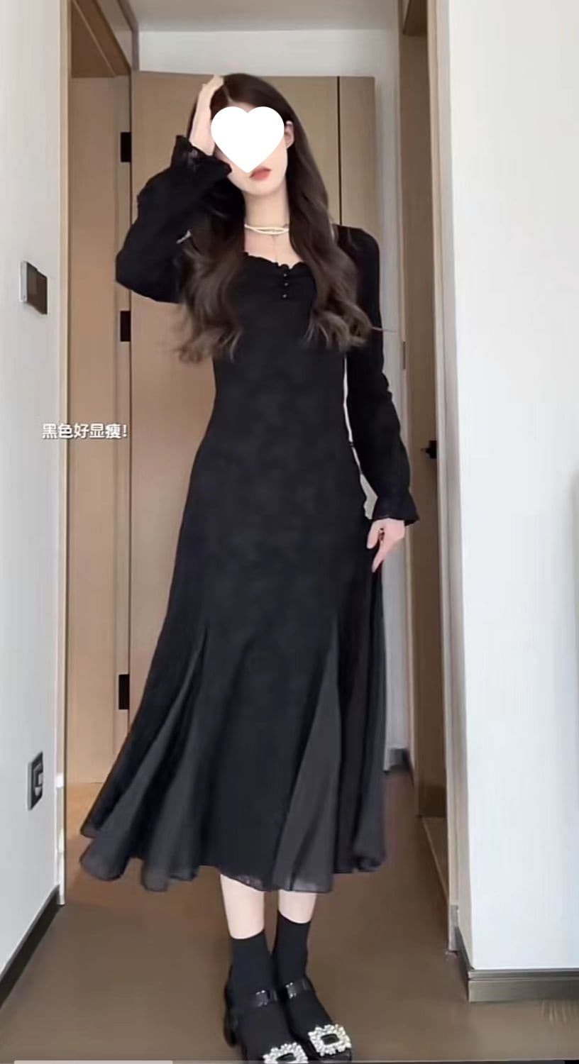 ロングワンピース レース編み込みクラシカルワンピース