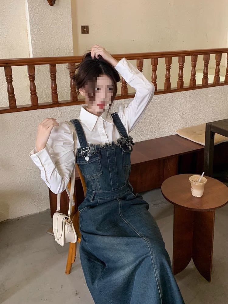 ロングワンピース ギャザーフリル デニムサロペットワンピース