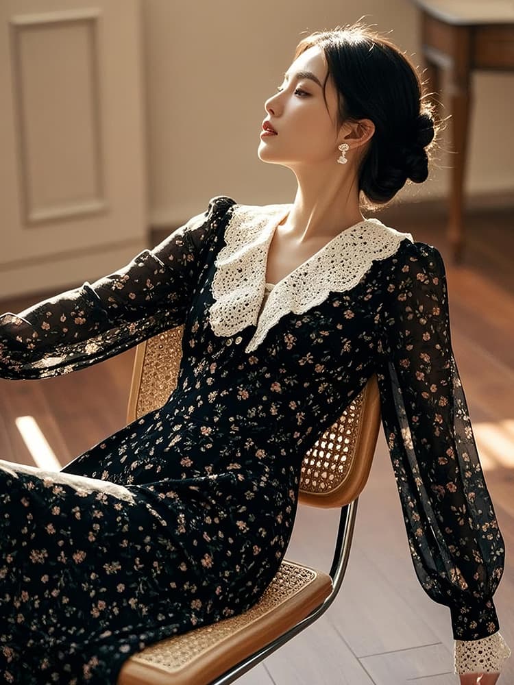 ワンピース レース レース襟付き花柄シフォンワンピース