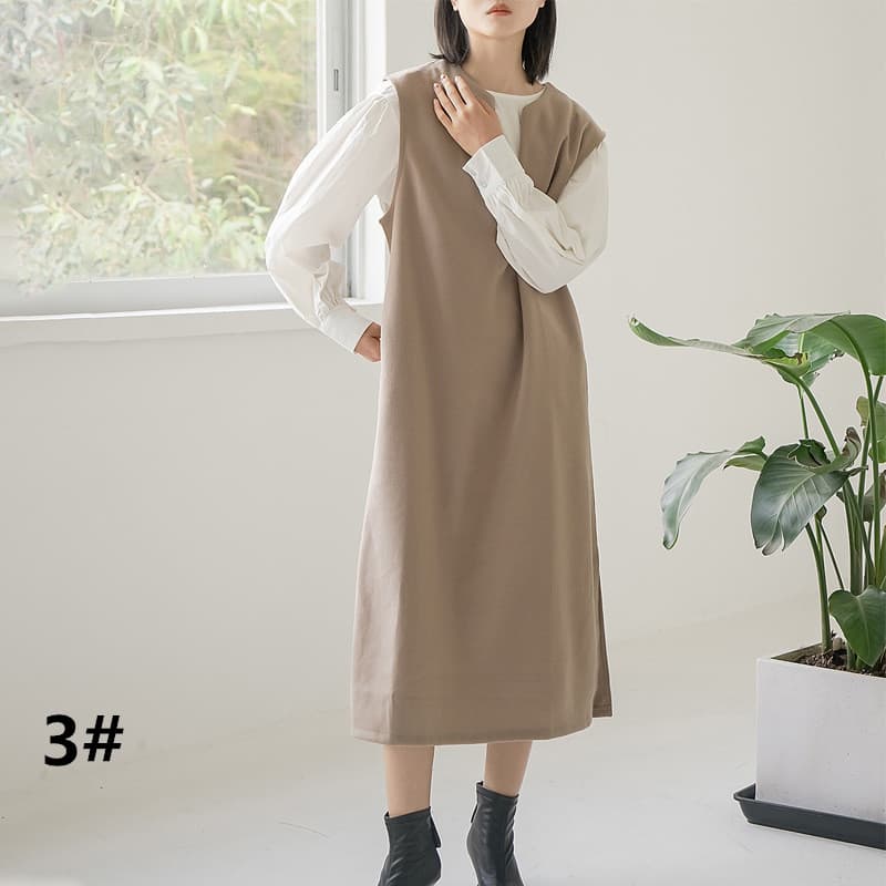 ロングワンピース レディース ノースリーブ ロング丈 重ね着風 ベスト風ワンピース