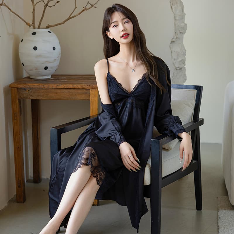 ロングワンピース レース 優美なレース調ロングネグリジェセット