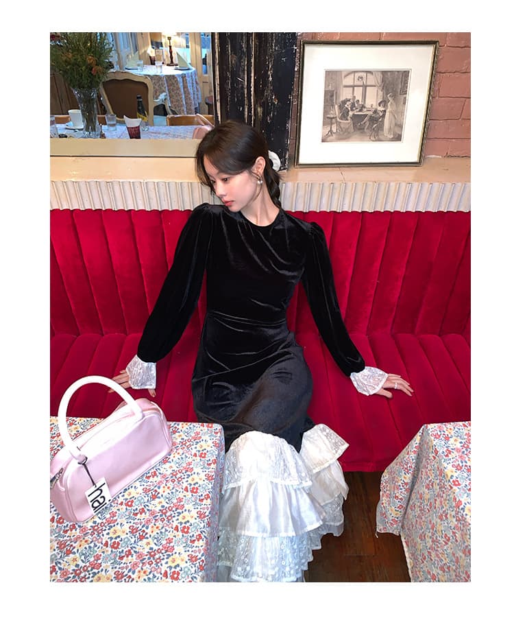 ロングワンピース ベルベットフリル重ね ロングドレス