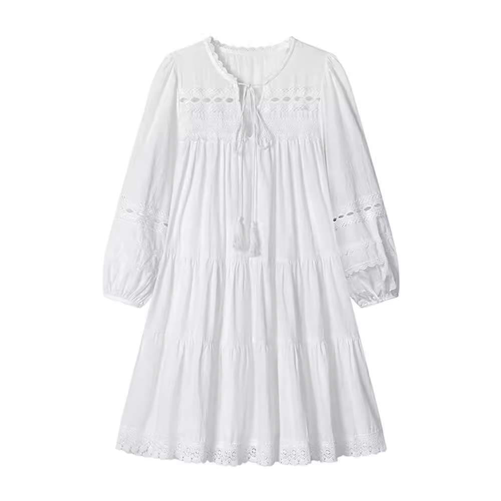 ロングワンピース ふんわり袖のティアードレース ワンピース