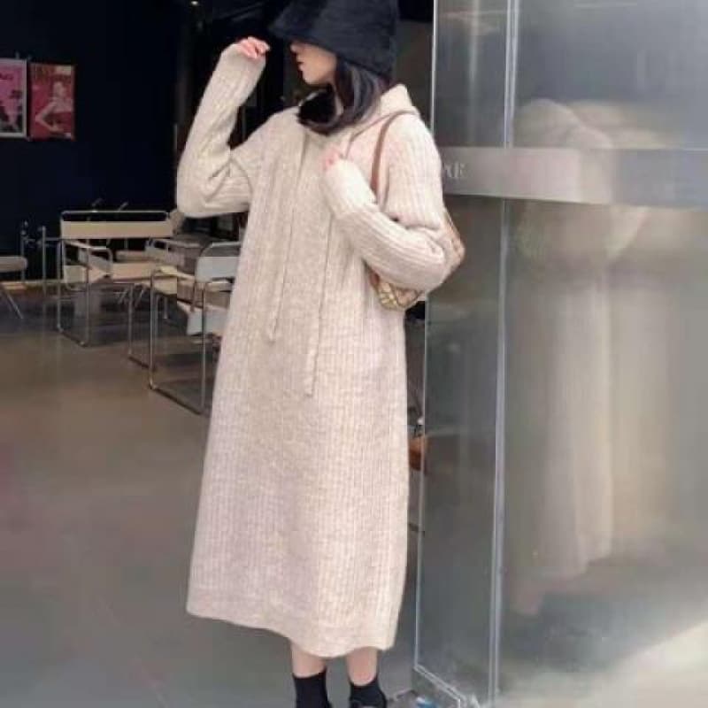 ロングワンピース リブ編みフード付きロングワンピース