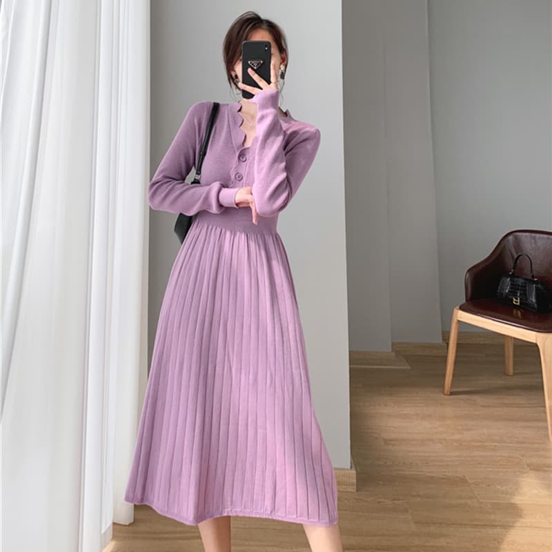 ロングワンピース ニット たっぷりプリーツニットワンピース