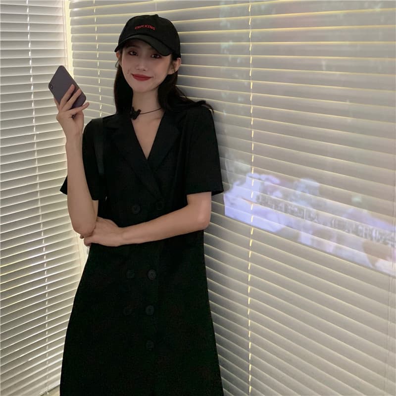 ロングワンピース シャツ 襟付き半袖ダブルボタンフリル裾ロングワンピース