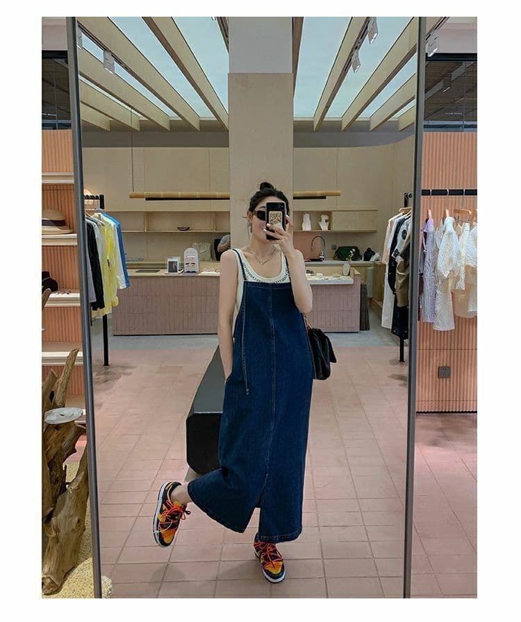 ロングワンピース サロペット風デザインワンピース