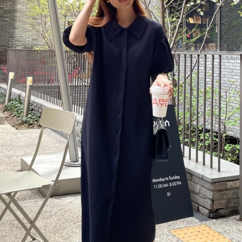 ロングワンピース ポロシャツ 襟付きリブニットロングワンピース前開きボタン