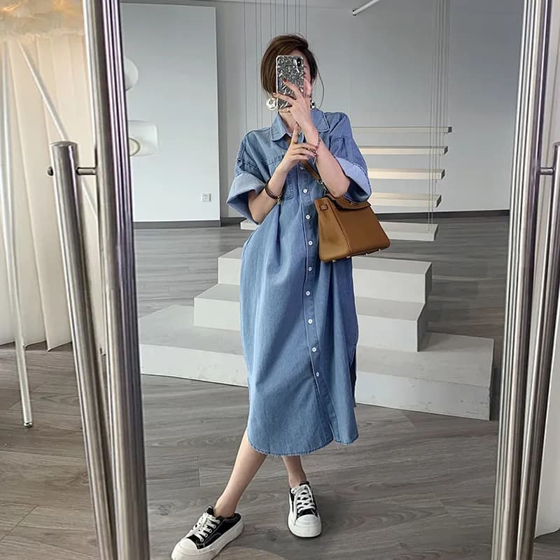 ロングワンピース シャツ デニム素材の襟付き半袖ロングシャツワンピース