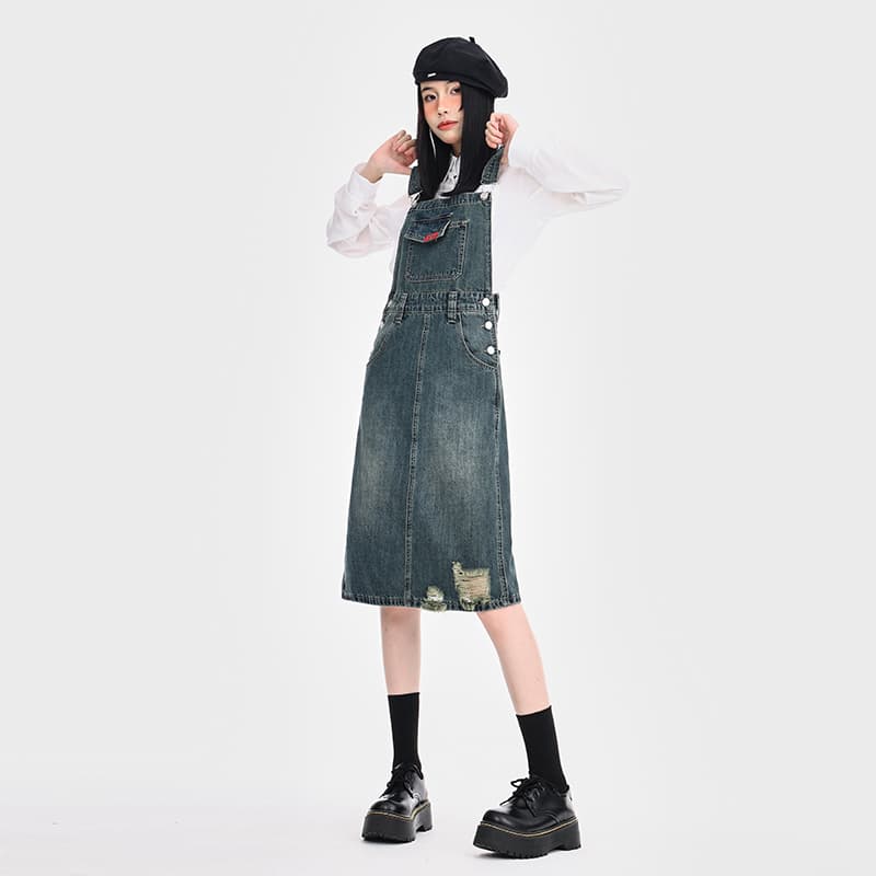 ワンピース デニム こだわりダメージ加工サロペット